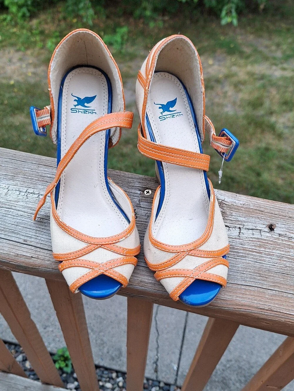 Wedge Peep-Toe Sandals in Beige and Orange